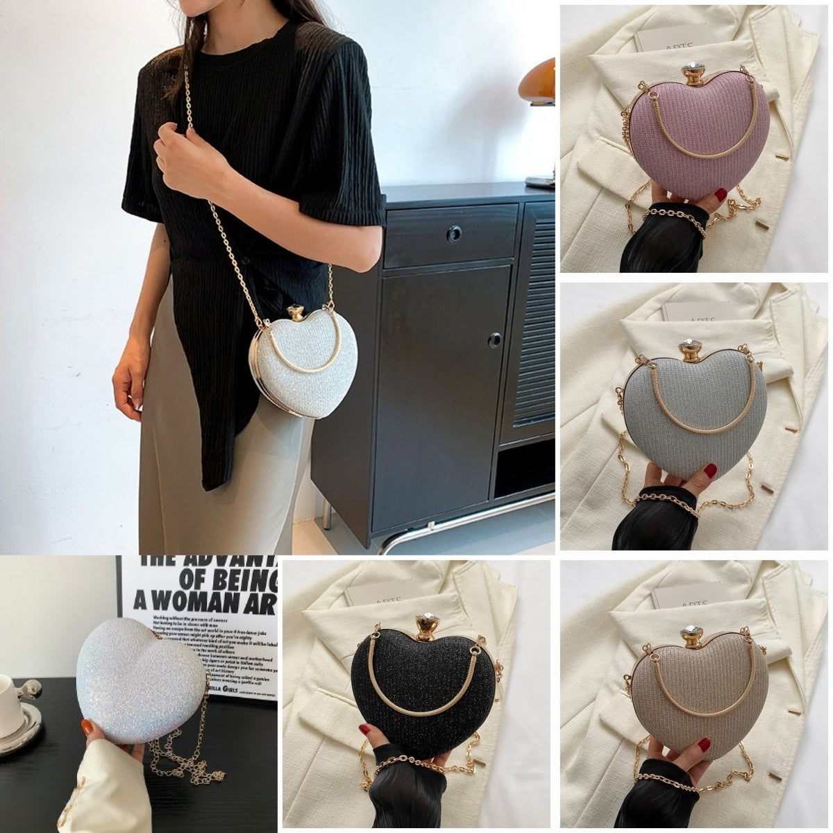 Evening Clutch Bag Women Bag Shiny Handbag Heart Shape Metal Clutches Bag Fashion Chain Shoulder Crossbody Bag Luxury Lady Purse Valentines Day Outfit