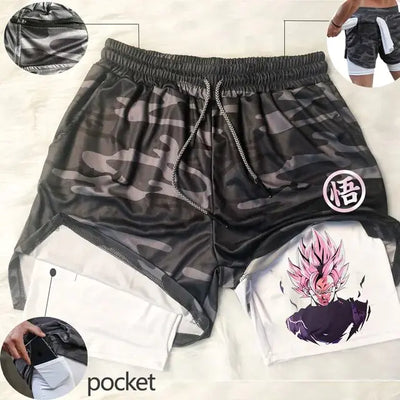 Anime Running Shorts Men Fitness Gym Training 2 in 1 Sports Shorts