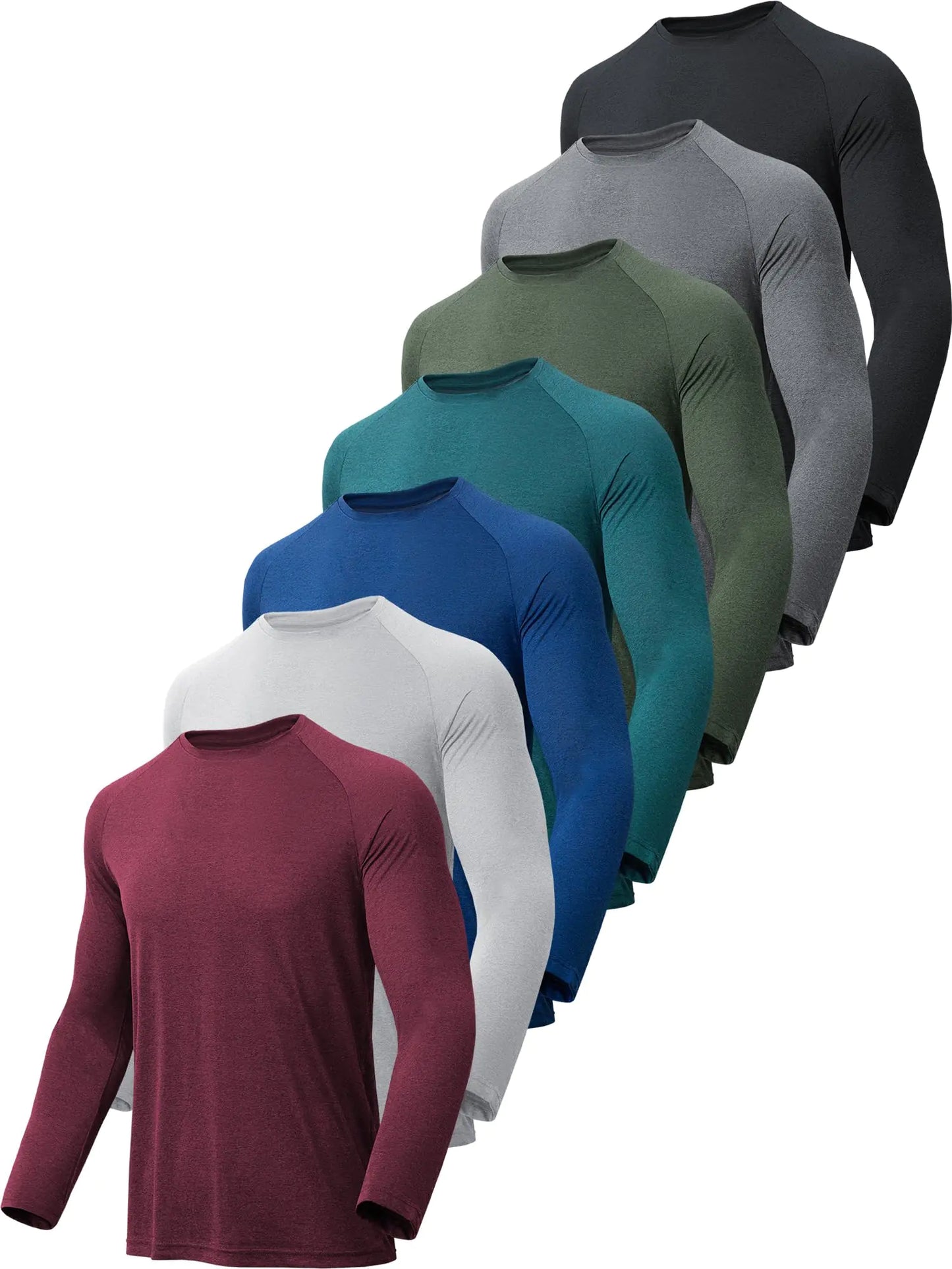 4-7 Pack Long Sleeve Shirts for Men Quick Dry Moisture Wicking Mens Long Sleeve Tee Shirts Workout T Shirts Small 7 Pack Black, Dark Grey, Navy, Light Grey, White, Red, Blue